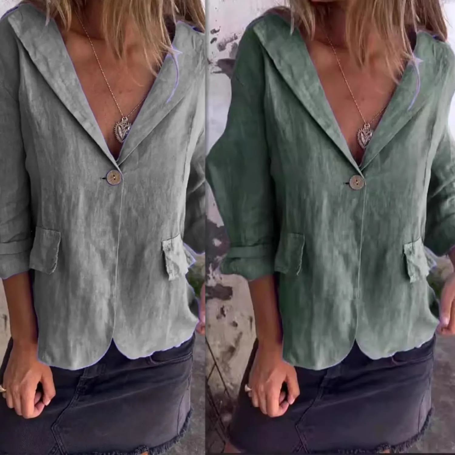2025 New Cotton and Linen Casual Lapel Single-Button Thin Coat Summer, 3/4 Sleeve Loose Linen Blazer Women