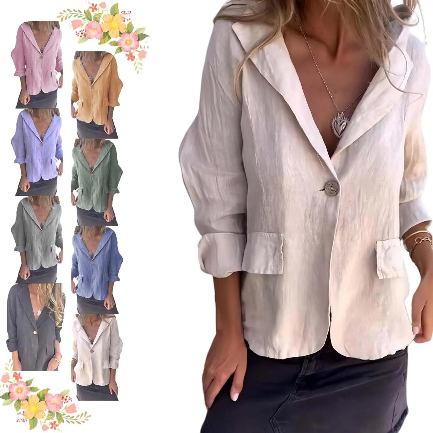 2025 New Cotton and Linen Casual Lapel Single-Button Thin Coat Summer, 3/4 Sleeve Loose Linen Blazer Women
