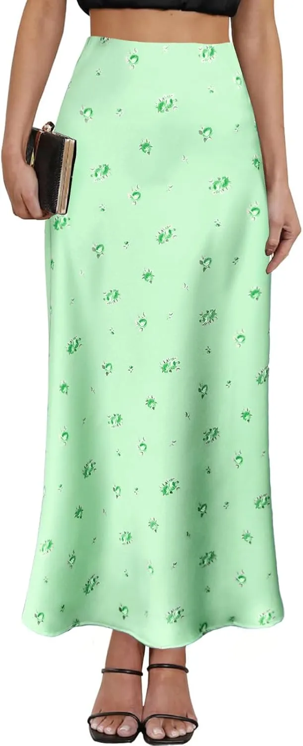 2025 Satin High Waisted Maxi Skirt Silk A-Line Spring Summer Casual Long Skirts for Women