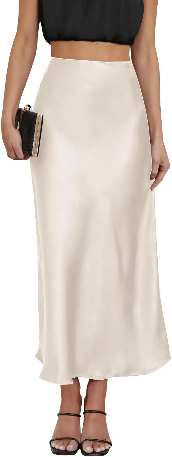 2025 Satin High Waisted Maxi Skirt Silk A-Line Spring Summer Casual Long Skirts for Women