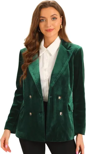Allegra K Velvet Blazers for Women's Notched Lapel Long Sleeve Double Breasted Blazer Jacket