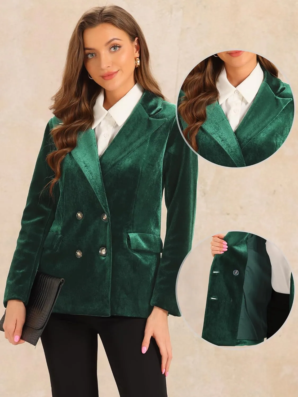 Allegra K Velvet Blazers for Women's Notched Lapel Long Sleeve Double Breasted Blazer Jacket