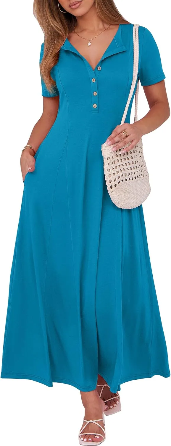ANRABESS Women Summer Maxi Dress 2025 Casual Short Sleeve Button Fit & Flare A-Line Flowy Spring Long Dresses with Pockets