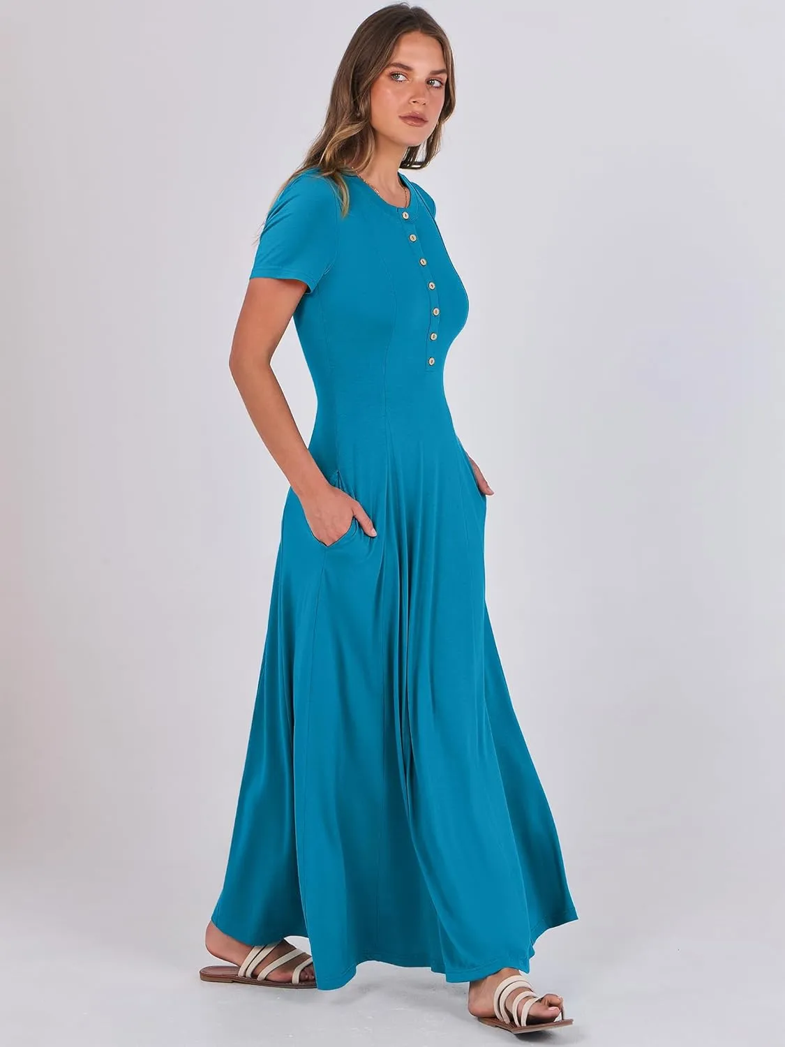 ANRABESS Women Summer Maxi Dress 2025 Casual Short Sleeve Button Fit & Flare A-Line Flowy Spring Long Dresses with Pockets
