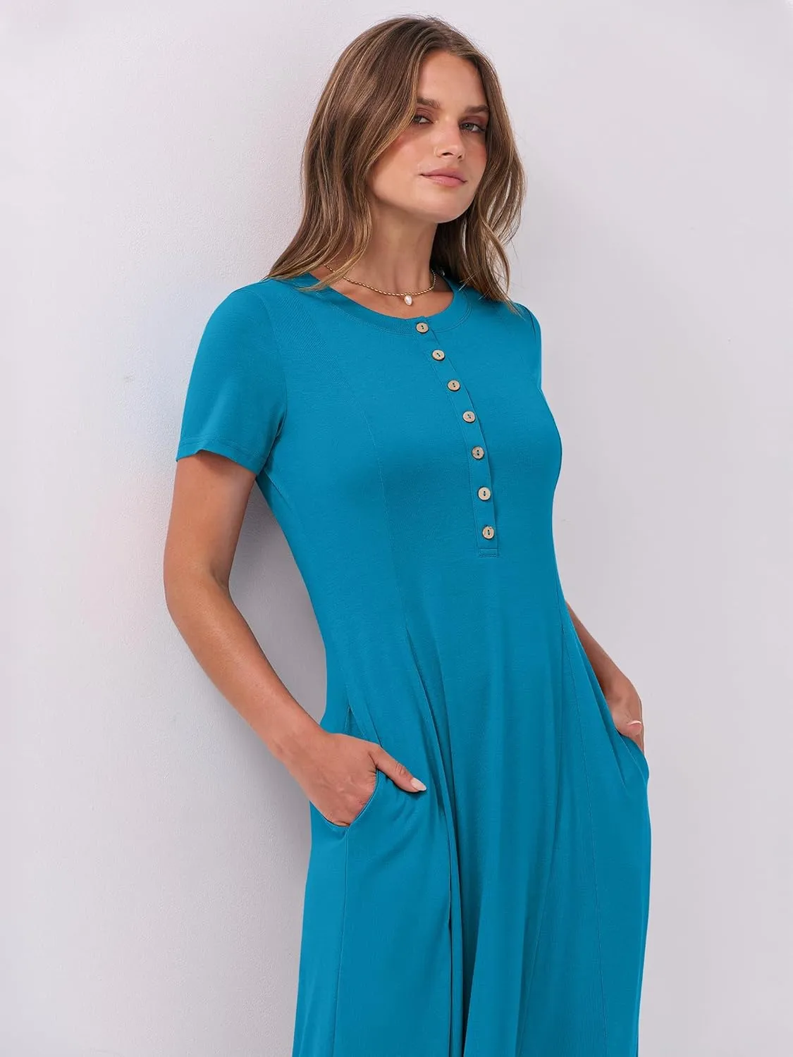 ANRABESS Women Summer Maxi Dress 2025 Casual Short Sleeve Button Fit & Flare A-Line Flowy Spring Long Dresses with Pockets