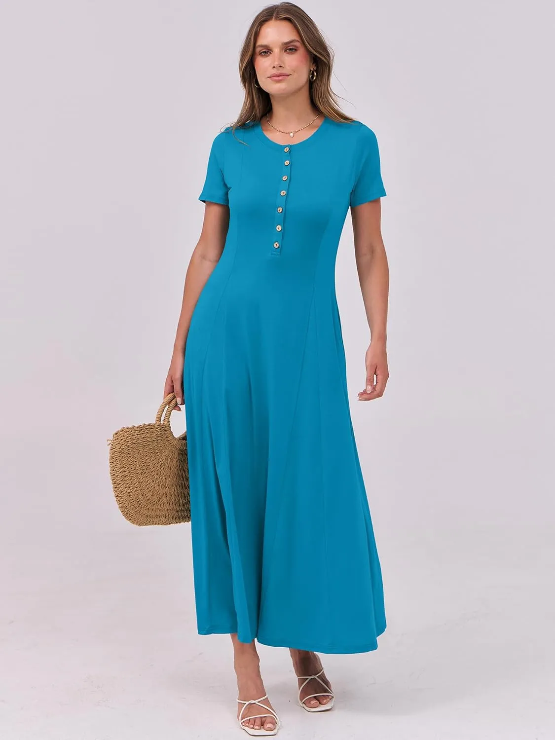 ANRABESS Women Summer Maxi Dress 2025 Casual Short Sleeve Button Fit & Flare A-Line Flowy Spring Long Dresses with Pockets