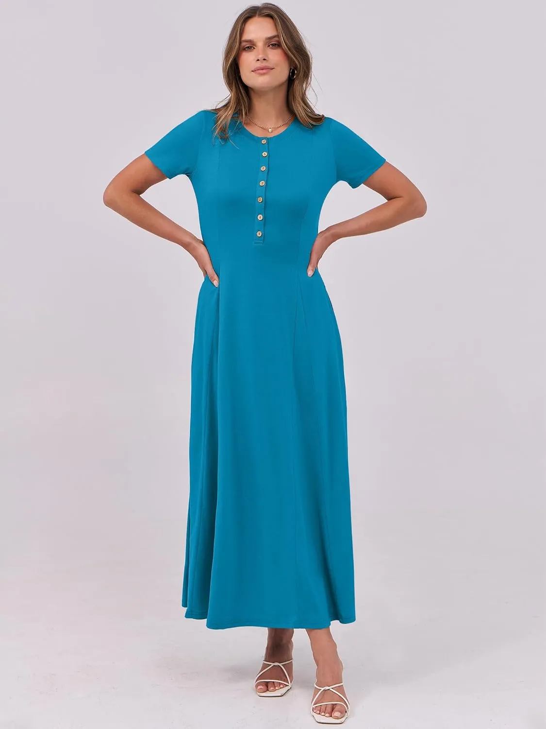 ANRABESS Women Summer Maxi Dress 2025 Casual Short Sleeve Button Fit & Flare A-Line Flowy Spring Long Dresses with Pockets