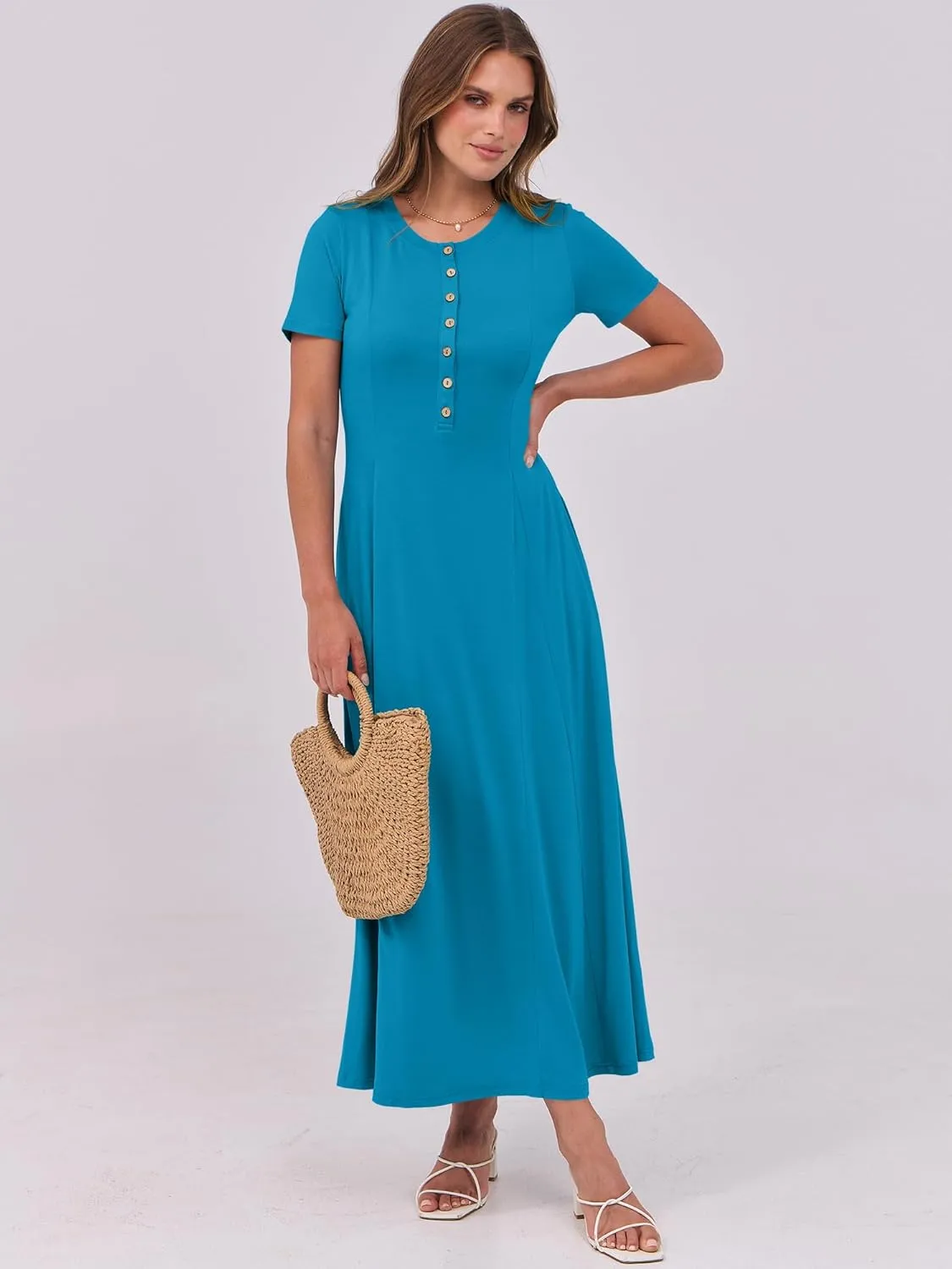 ANRABESS Women Summer Maxi Dress 2025 Casual Short Sleeve Button Fit & Flare A-Line Flowy Spring Long Dresses with Pockets