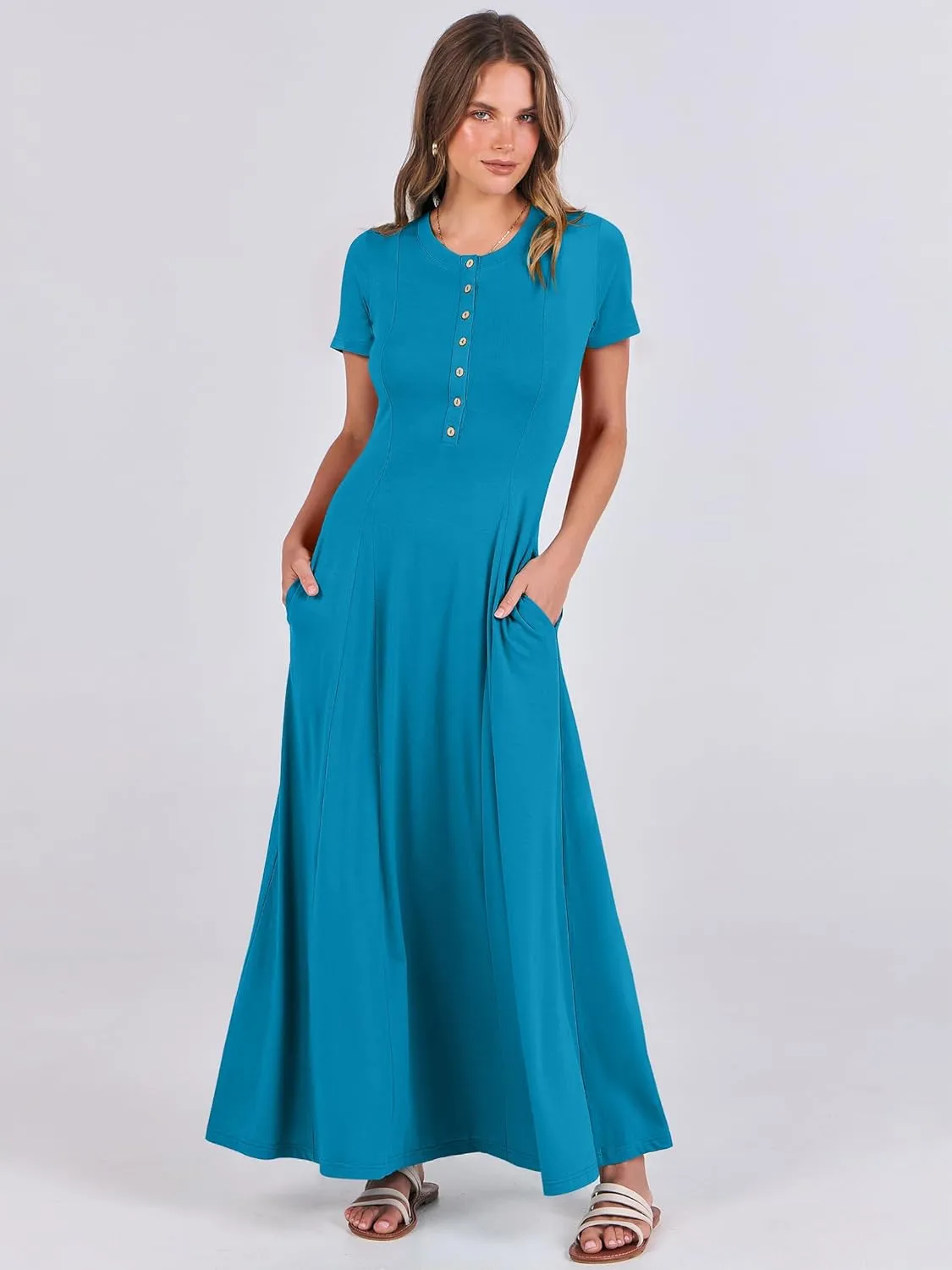 ANRABESS Women Summer Maxi Dress 2025 Casual Short Sleeve Button Fit & Flare A-Line Flowy Spring Long Dresses with Pockets