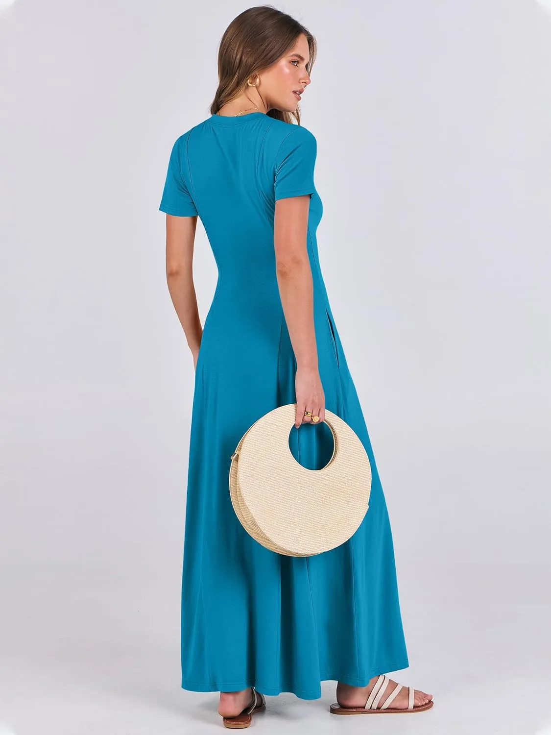 ANRABESS Women Summer Maxi Dress 2025 Casual Short Sleeve Button Fit & Flare A-Line Flowy Spring Long Dresses with Pockets