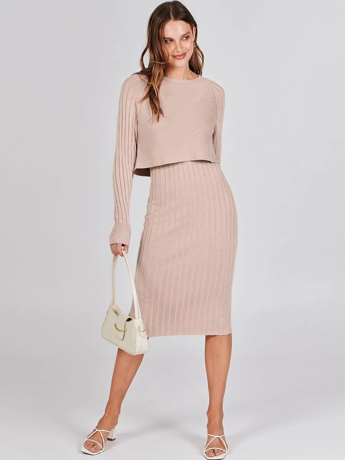 ANRABESS Womens 2 Piece Outfits Sweater Dresses Set Midi Skirt Sets Long Sleeve Crop Top Bodycon Ribbed Knit Dress 2024 Fall