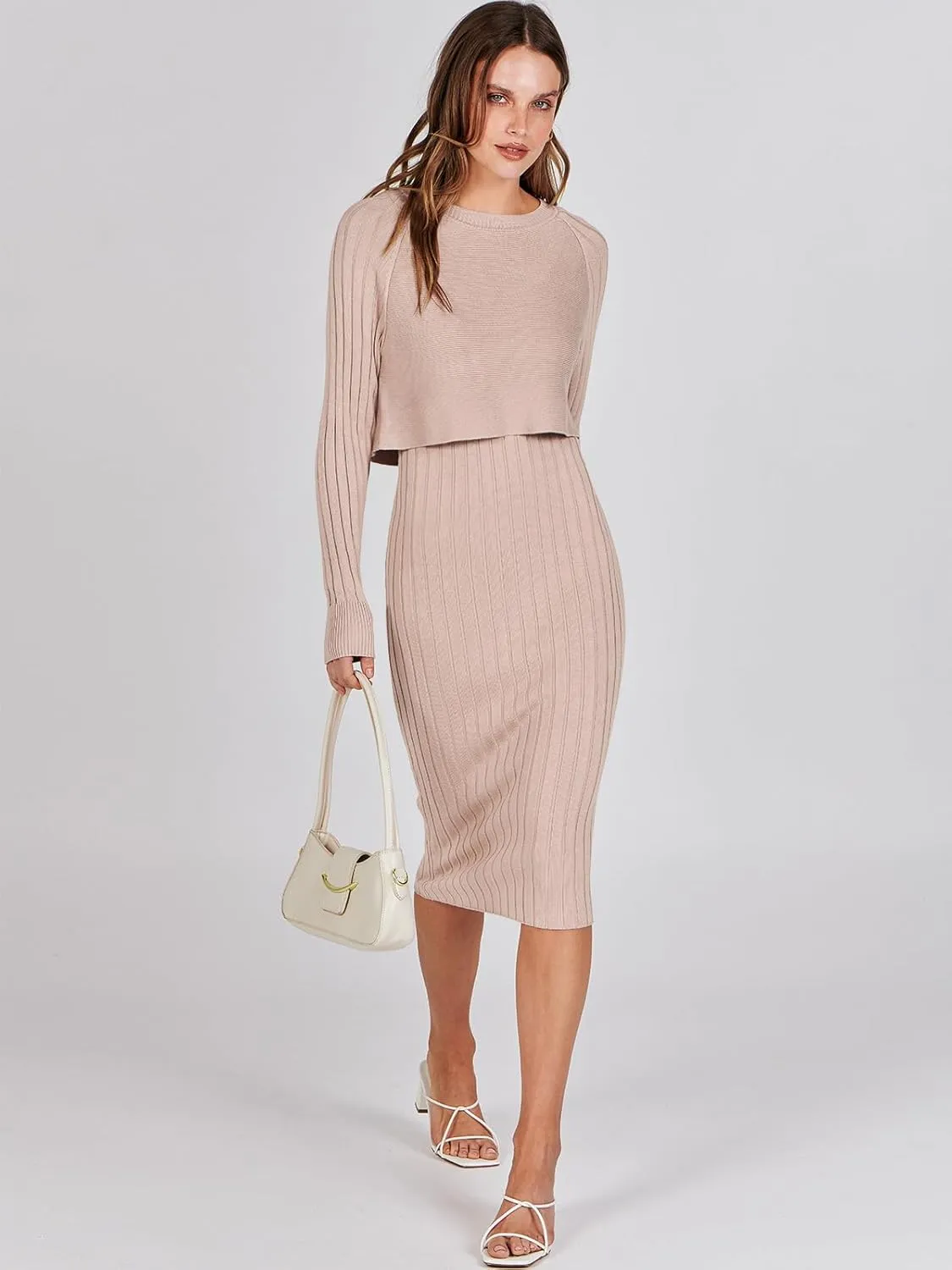 ANRABESS Womens 2 Piece Outfits Sweater Dresses Set Midi Skirt Sets Long Sleeve Crop Top Bodycon Ribbed Knit Dress 2024 Fall