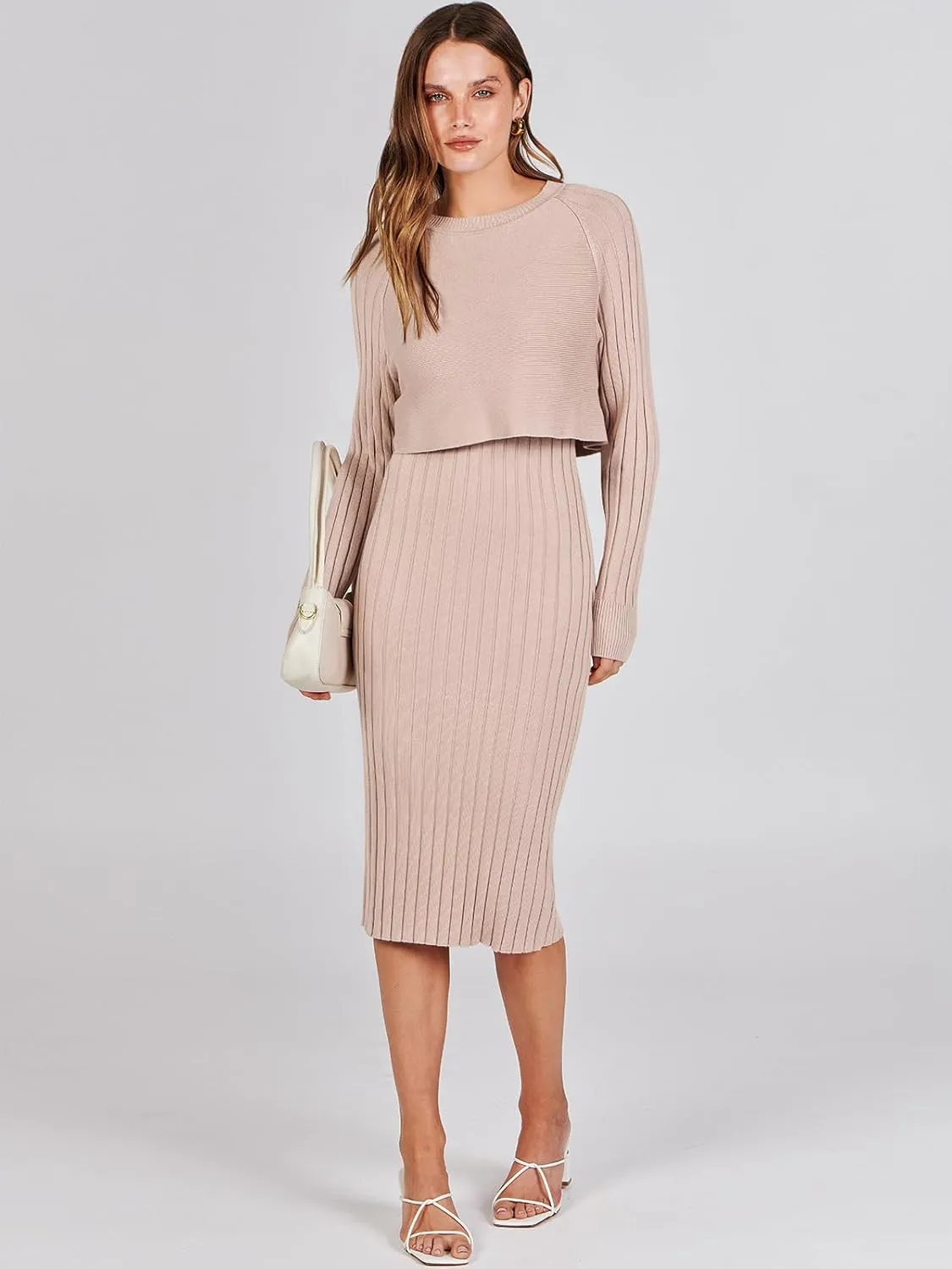 ANRABESS Womens 2 Piece Outfits Sweater Dresses Set Midi Skirt Sets Long Sleeve Crop Top Bodycon Ribbed Knit Dress 2024 Fall