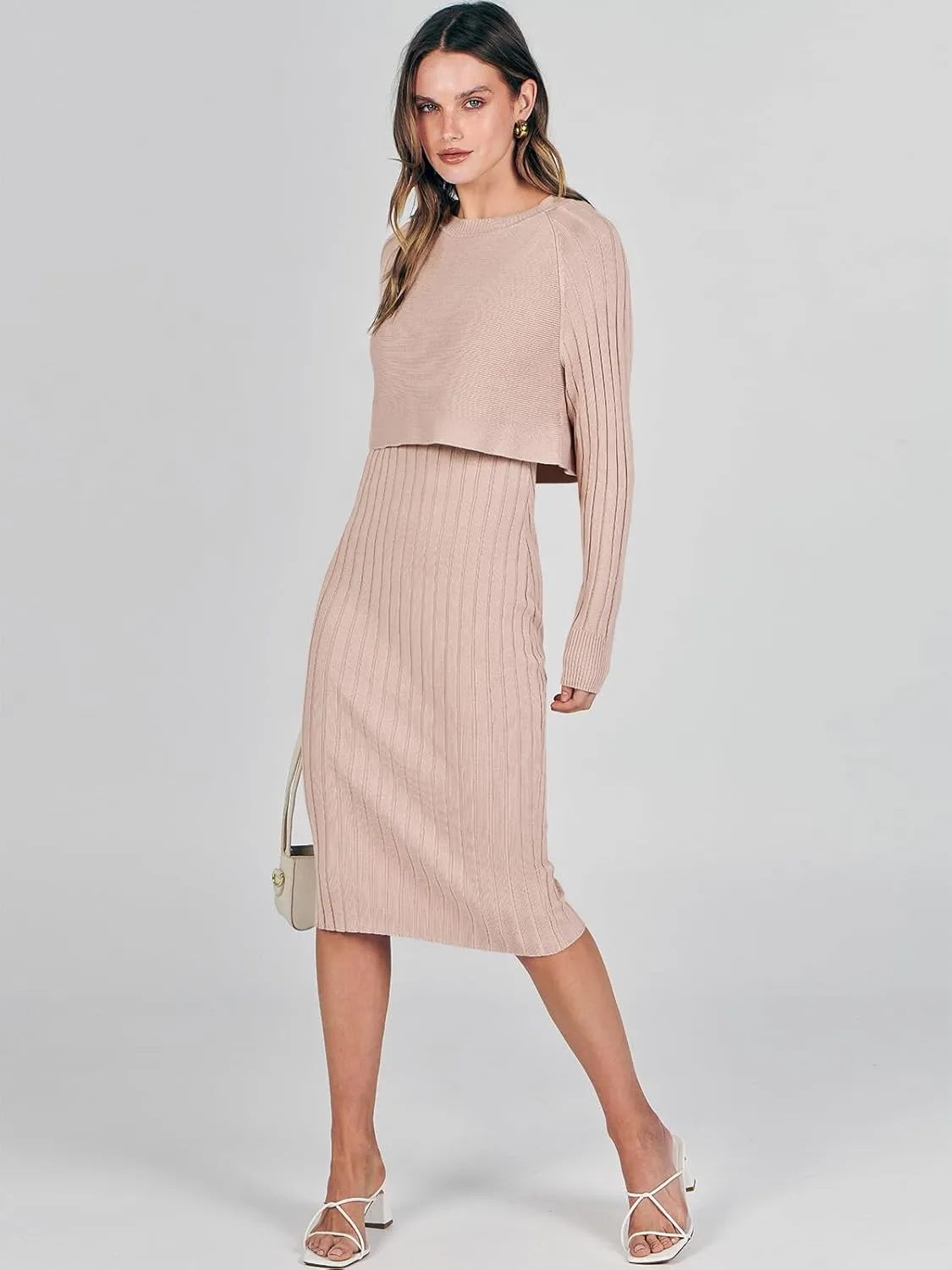 ANRABESS Womens 2 Piece Outfits Sweater Dresses Set Midi Skirt Sets Long Sleeve Crop Top Bodycon Ribbed Knit Dress 2024 Fall