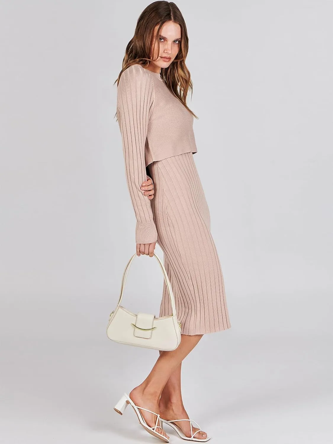 ANRABESS Womens 2 Piece Outfits Sweater Dresses Set Midi Skirt Sets Long Sleeve Crop Top Bodycon Ribbed Knit Dress 2024 Fall