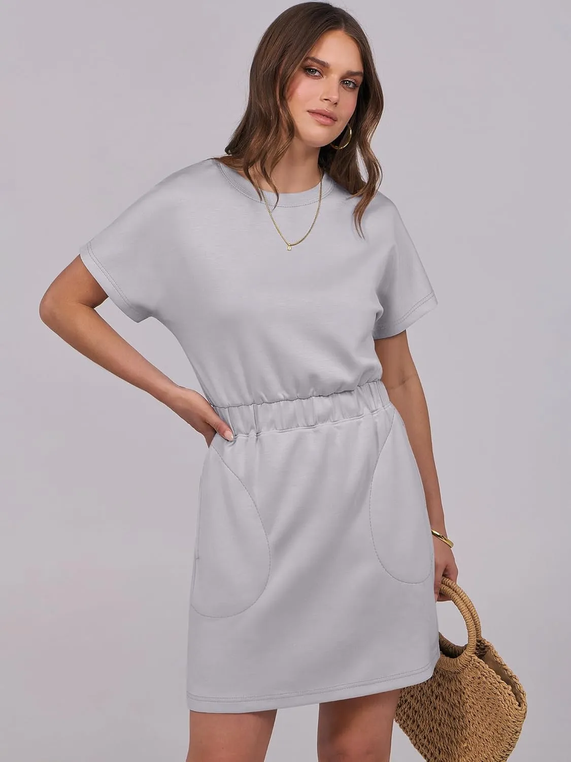 ANRABESS Womens Dresses 2025 Summer Casual Short Sleeve Crew Neck Elastic Waist Mini T Shirt Dress with Pockets