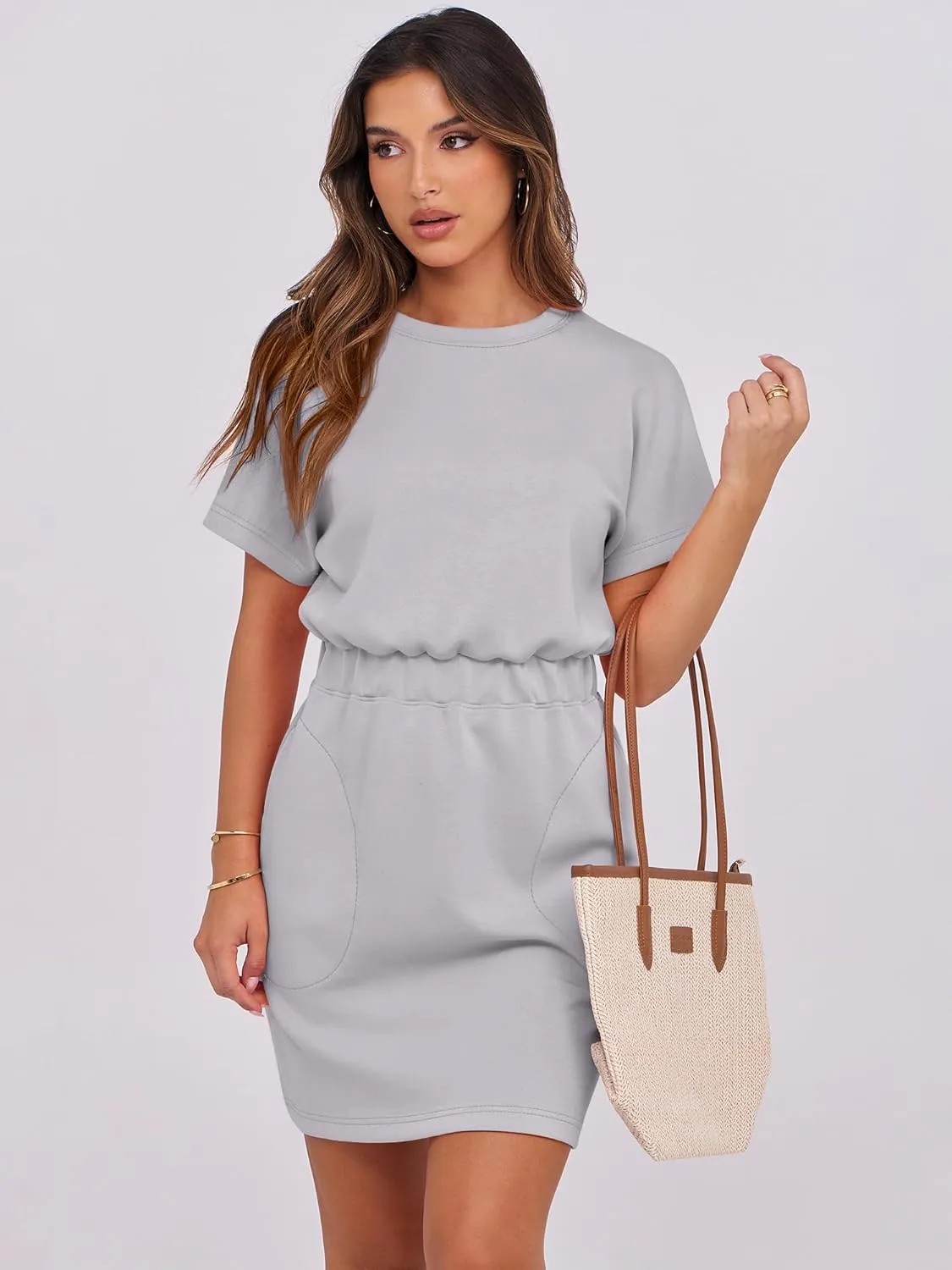 ANRABESS Womens Dresses 2025 Summer Casual Short Sleeve Crew Neck Elastic Waist Mini T Shirt Dress with Pockets