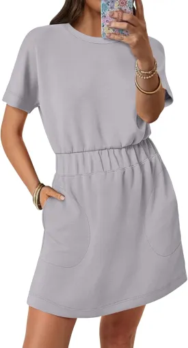 ANRABESS Womens Dresses 2025 Summer Casual Short Sleeve Crew Neck Elastic Waist Mini T Shirt Dress with Pockets