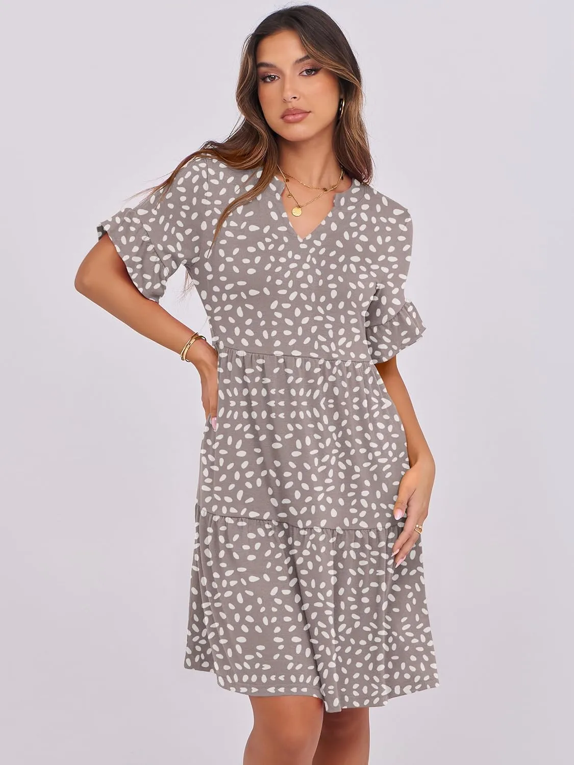 ANRABESS Womens Summer 2025 Trendy Ruffle Short Sleeve V Neck A Line Tiered Flowy Loose Casual Mini Beach Dress with Pockets
