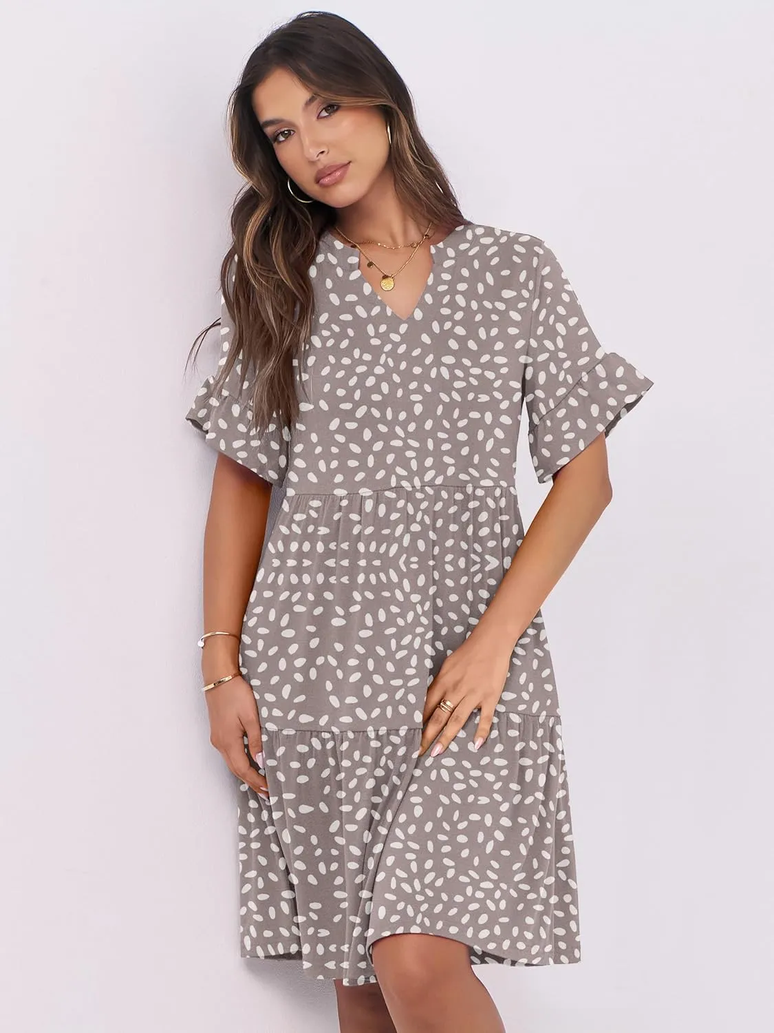 ANRABESS Womens Summer 2025 Trendy Ruffle Short Sleeve V Neck A Line Tiered Flowy Loose Casual Mini Beach Dress with Pockets