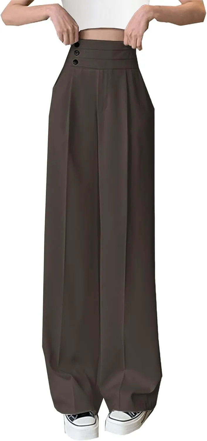 Betusline Women's High Waist Dress Pants Business Side Button Work Wide Leg Pants Straight Leg Trousers, X-Small-XX-Large