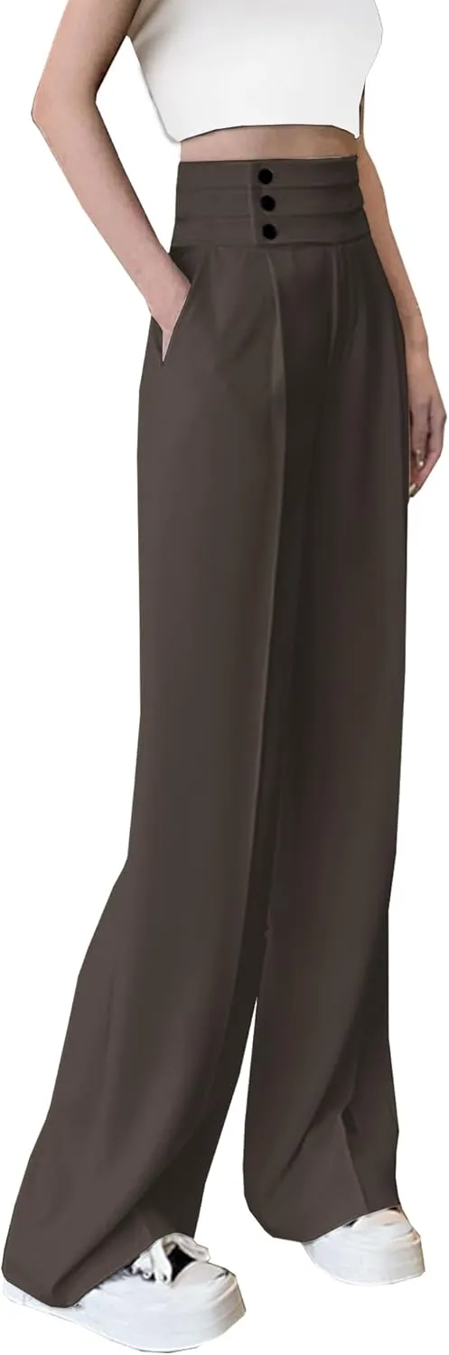 Betusline Women's High Waist Dress Pants Business Side Button Work Wide Leg Pants Straight Leg Trousers, X-Small-XX-Large