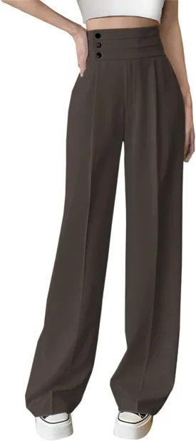 Betusline Women's High Waist Dress Pants Business Side Button Work Wide Leg Pants Straight Leg Trousers, X-Small-XX-Large