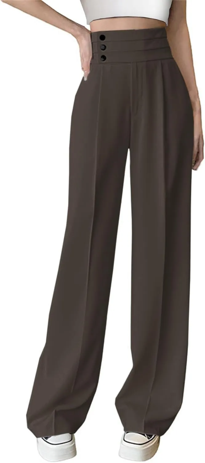Betusline Women's High Waist Dress Pants Business Side Button Work Wide Leg Pants Straight Leg Trousers, X-Small-XX-Large