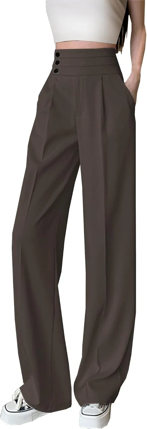 Betusline Women's High Waist Dress Pants Business Side Button Work Wide Leg Pants Straight Leg Trousers, X-Small-XX-Large
