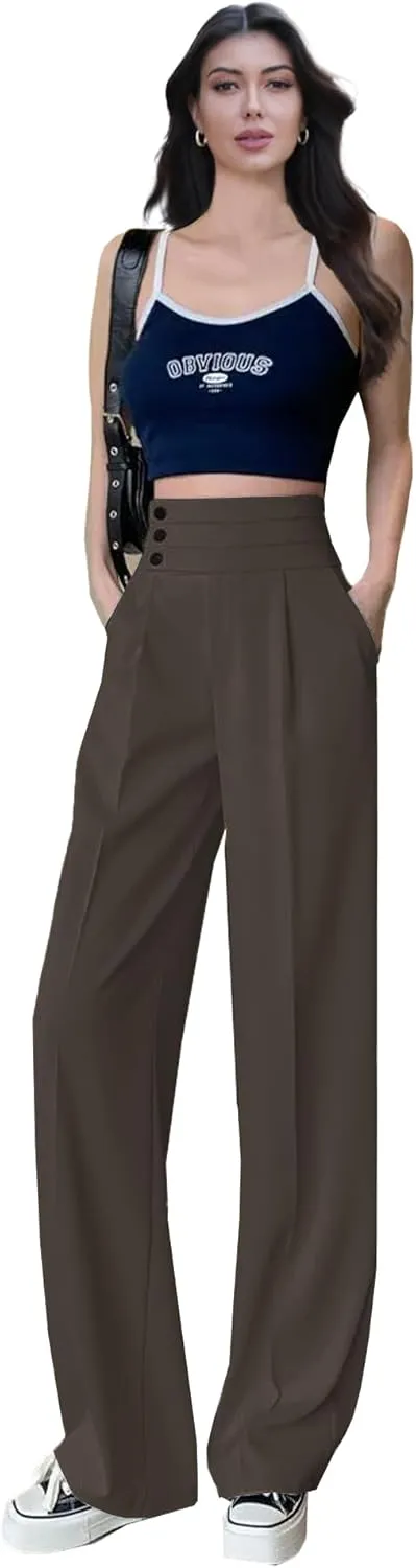 Betusline Women's High Waist Dress Pants Business Side Button Work Wide Leg Pants Straight Leg Trousers, X-Small-XX-Large