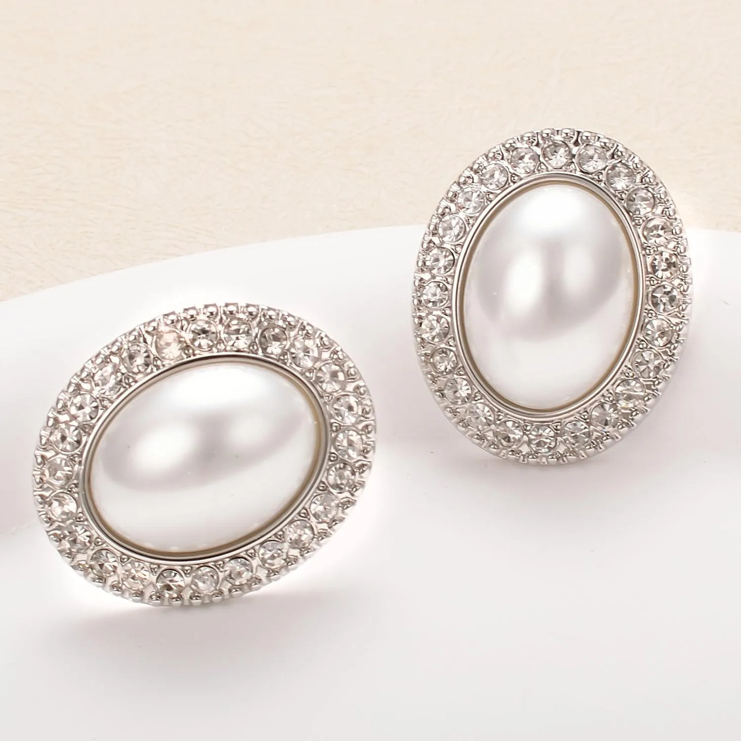 Big Rhinestone Mabe Pearl Earrings Statement Gold Rose Gold Silver Stud Earrings for Women Wedding Party Prom Vintage Jewelry
