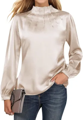 Blooming Jelly Womens Business Casual Tops Long Sleeve Work Shirts Mock Neck Dressy Tops Satin Silk Fall Outfits 2024