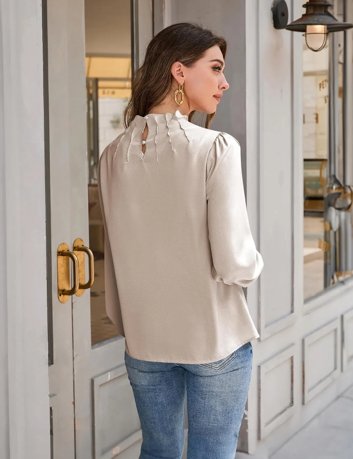 Blooming Jelly Womens Business Casual Tops Long Sleeve Work Shirts Mock Neck Dressy Tops Satin Silk Fall Outfits 2024