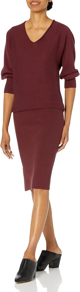 Cable Stitch Women's Double V-Neck Midi Dress - 3/4 Sleeve Knitted Fall Winter Sweater Dress with Side Slits