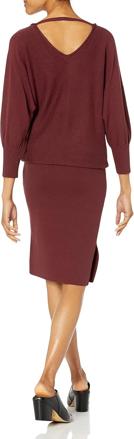 Cable Stitch Women's Double V-Neck Midi Dress - 3/4 Sleeve Knitted Fall Winter Sweater Dress with Side Slits