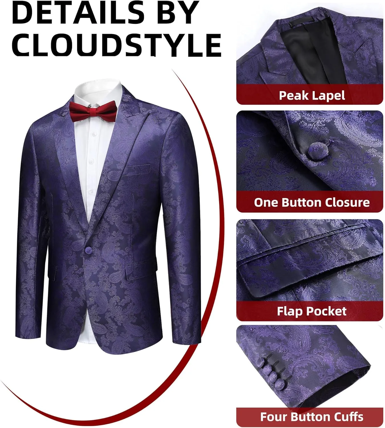 Cloudstyle Mens 2 Piece Paisley Dress Suit One Button Party Wedding Blazer Pants Sets