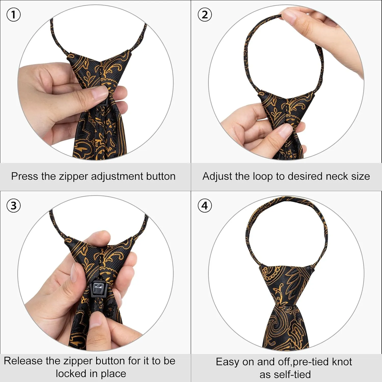 DiBanGu Silk Zipper Ties for Men,Paisley Solid Plaid Pre-tied Tie and Pocket Square Cufflinks Set Formal Adjustable Necktie
