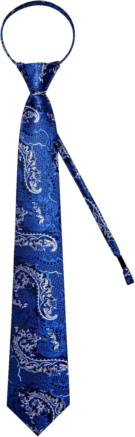 DiBanGu Silk Zipper Ties for Men,Paisley Solid Plaid Pre-tied Tie and Pocket Square Cufflinks Set Formal Adjustable Necktie
