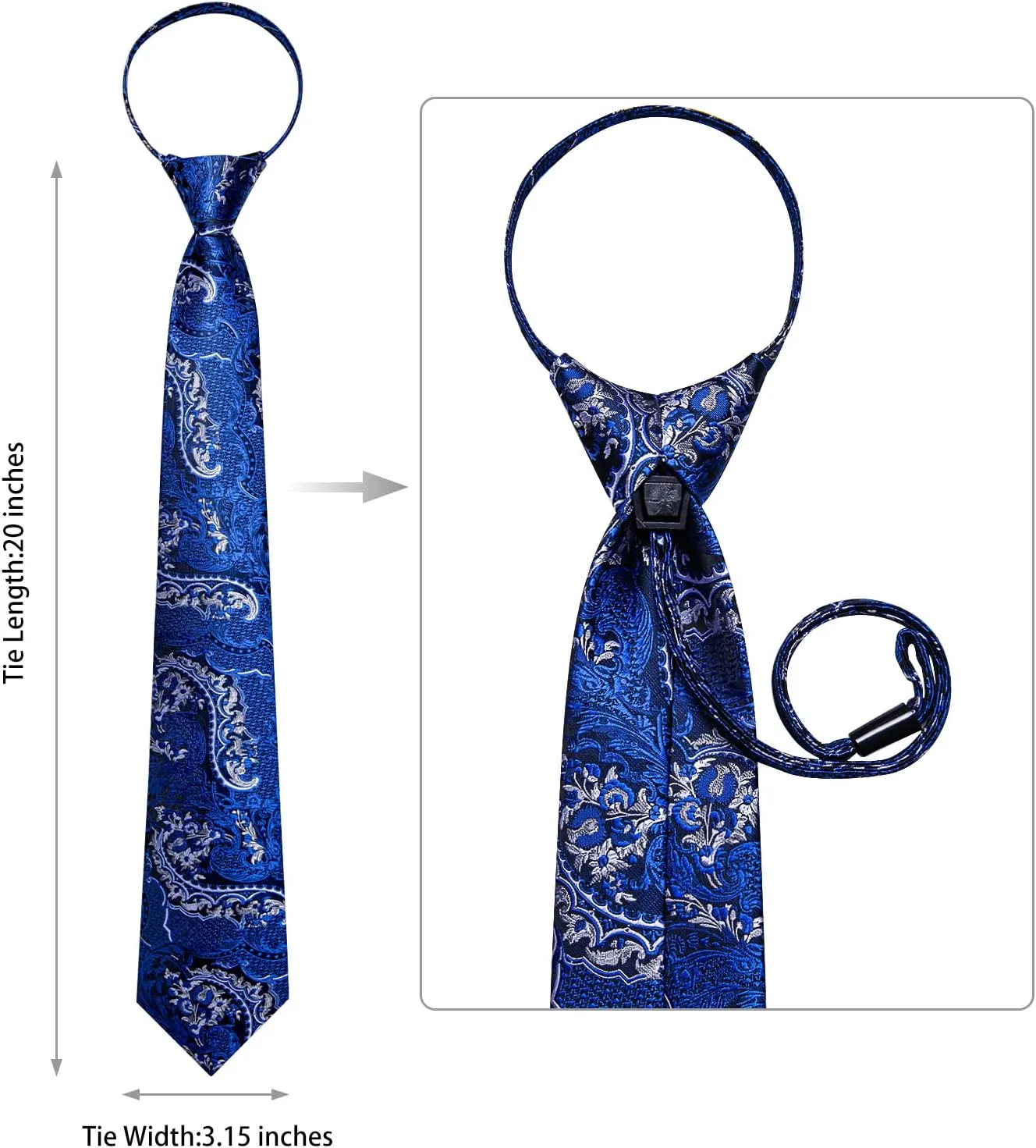 DiBanGu Silk Zipper Ties for Men,Paisley Solid Plaid Pre-tied Tie and Pocket Square Cufflinks Set Formal Adjustable Necktie