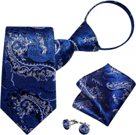 DiBanGu Silk Zipper Ties for Men,Paisley Solid Plaid Pre-tied Tie and Pocket Square Cufflinks Set Formal Adjustable Necktie
