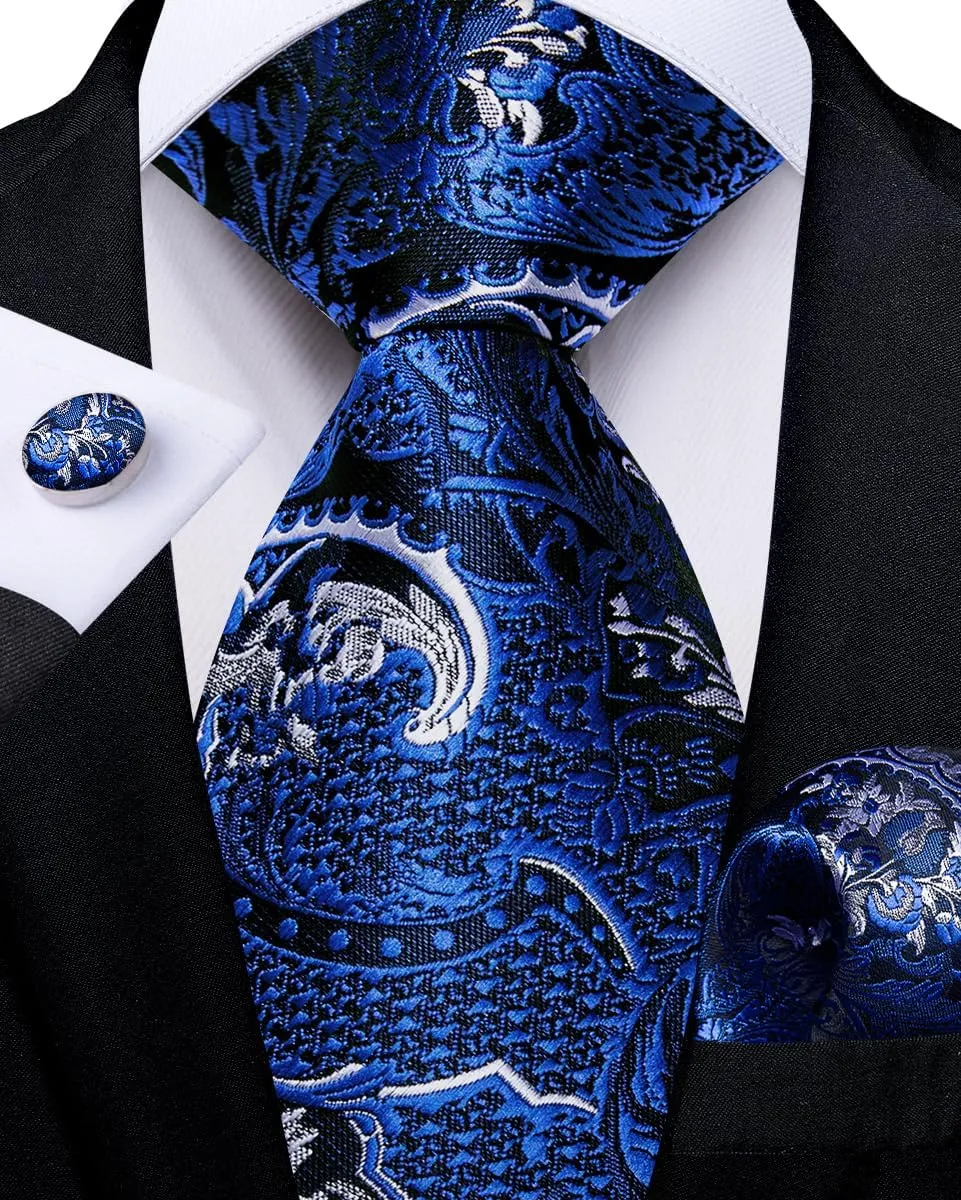 DiBanGu Silk Zipper Ties for Men,Paisley Solid Plaid Pre-tied Tie and Pocket Square Cufflinks Set Formal Adjustable Necktie