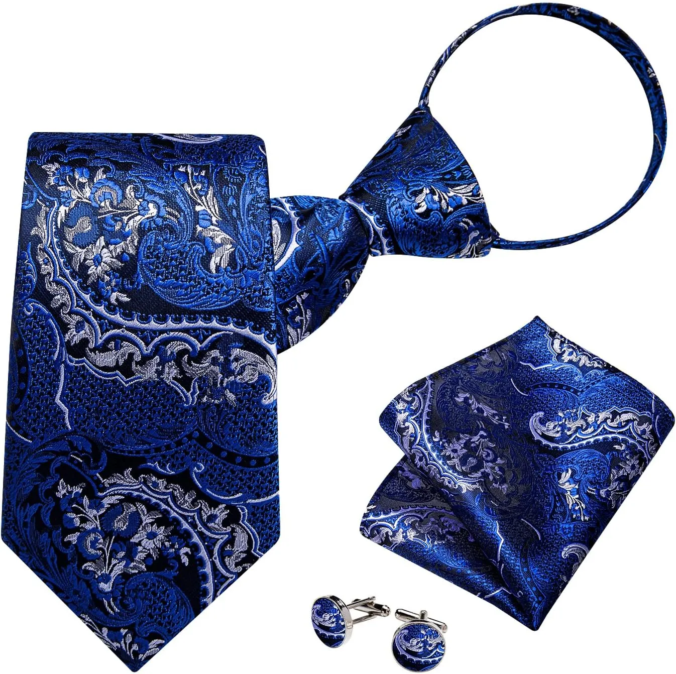 DiBanGu Silk Zipper Ties for Men,Paisley Solid Plaid Pre-tied Tie and Pocket Square Cufflinks Set Formal Adjustable Necktie