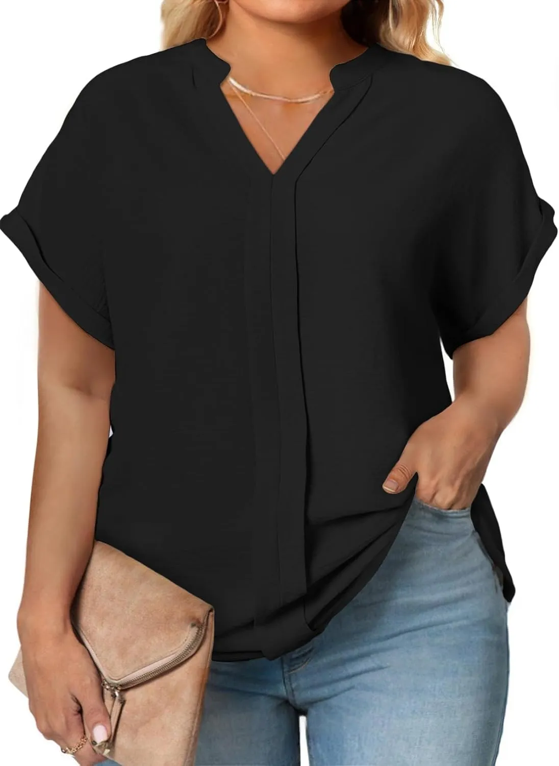 Eytino Womens Plus Size Summer Tops V Neck Short Sleeve Dressy Casual Blouse Work Shirts (1X-5X)