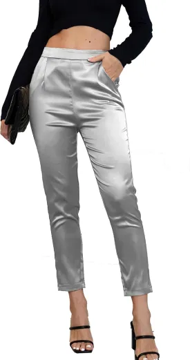 Fakanhui Women's Satin Silky Dress Casual Elastic High Waist Stretch Elegant Pants Trousers