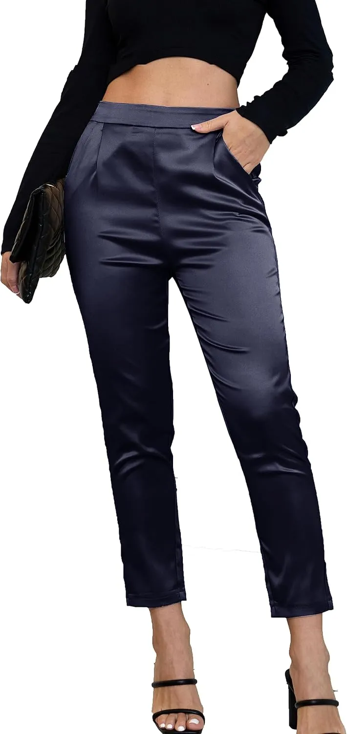 Fakanhui Women's Satin Silky Dress Casual Elastic High Waist Stretch Elegant Pants Trousers