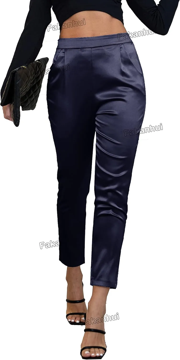 Fakanhui Women's Satin Silky Dress Casual Elastic High Waist Stretch Elegant Pants Trousers