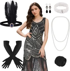 FEPITO 1920s Flapper Dresses for Women, Fringed Sequin Great Gatsby Dress for Women with 20s Accessories, Roaring 20s Costume