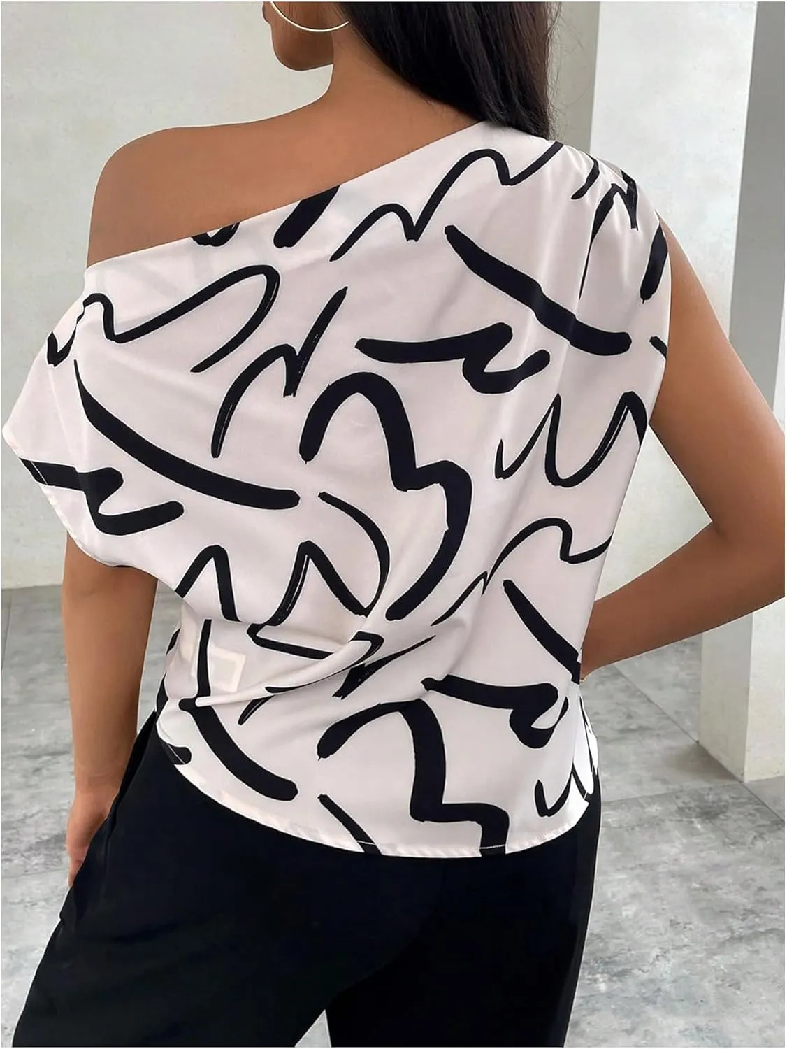 Floerns Women's Printed Asymmetrical Neck Blouse Ruched Elegant Office Work Shirt Top