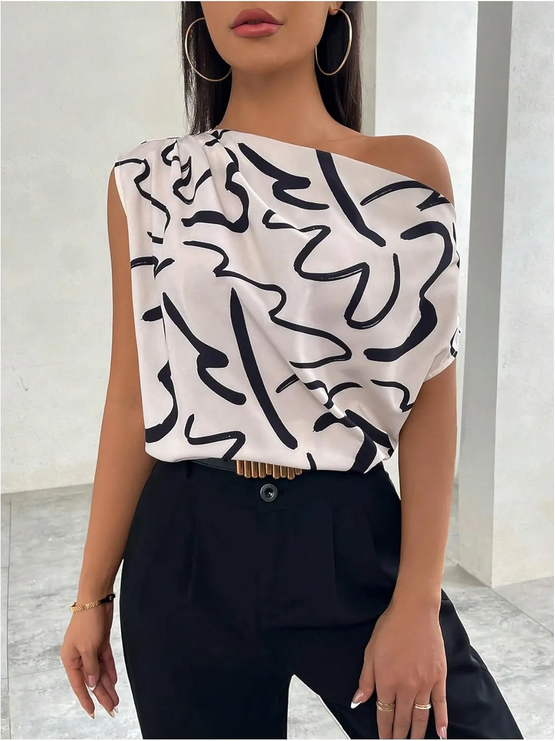 Floerns Women's Printed Asymmetrical Neck Blouse Ruched Elegant Office Work Shirt Top