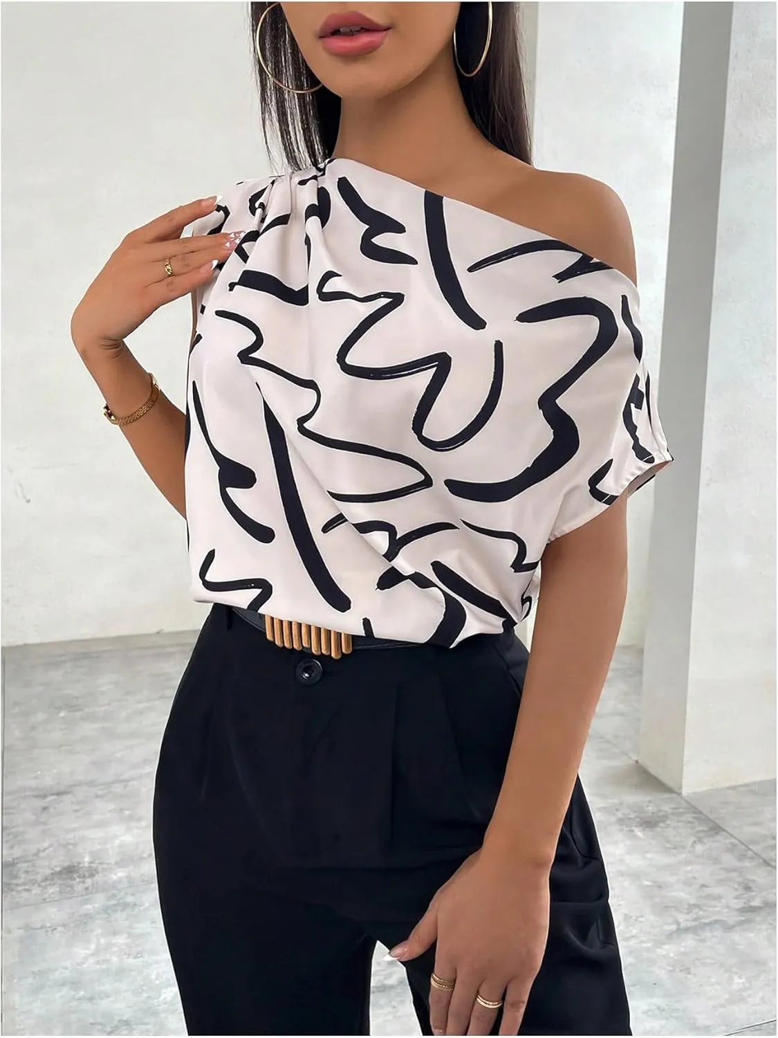 Floerns Women's Printed Asymmetrical Neck Blouse Ruched Elegant Office Work Shirt Top